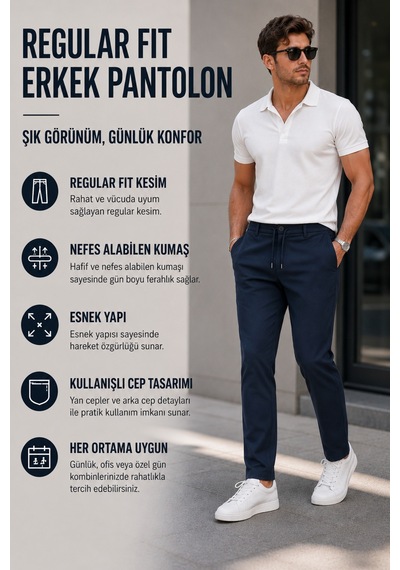 Luxıc Core Erkek Pamuklu Bağcıklı Pantolon Rahat Kalıp Günlük Casual Yazlık 2026 Yaz Koleksiyonu Lacivert