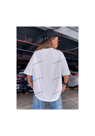Tarzsokak Unisex Bay Ejderha Baskılı Düşük Omuz Kısa Kollu Tişört Kod-1349 Beyaz