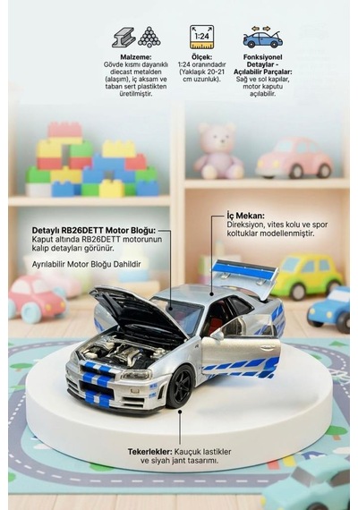 Hobiez World Orjinal 1:24 Lisanslı Nissan Skyline GTR Kapıları Kaputu Açılabilir Model Araba