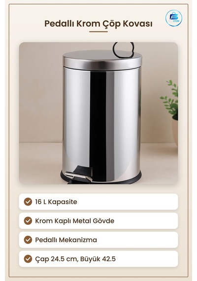 Pedallı Krom Metal Çöp Kovası 16 L Mutfak Banyo Ofis Çap 24.5 Cm