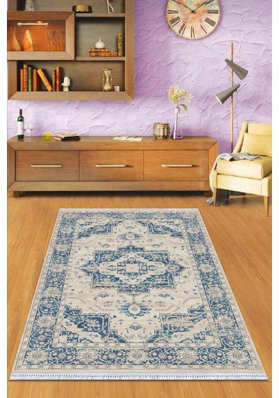 Mavi Klasik Göbekli Dokuma Pamuk Taban Kaymaz Kilim Klm228n11