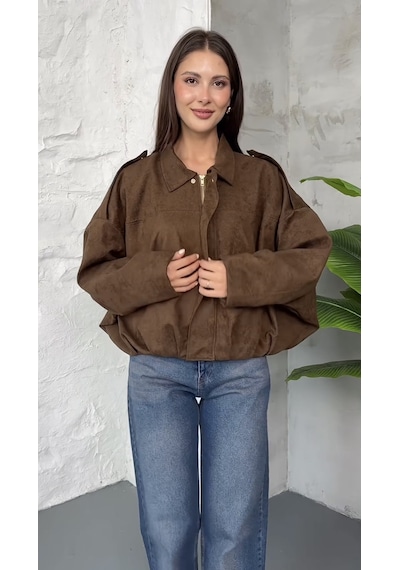Prifaldi Premium Oversize Süet Bomber Ceket Kahverengı