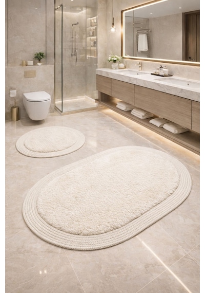 Melena Carpet Premium Kaymaz Taban Peluş Banyo Paspası Seti Jüt Kenar Detaylı 2 Li Oval Yuvarlak 100x60 60x60 Beyaz
