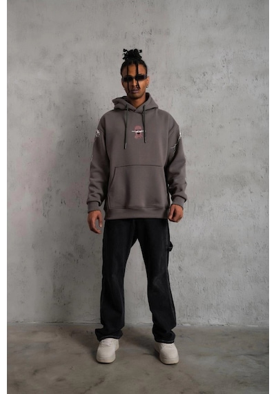 Novalisse Erkek 3 İplik Pamuklu Kapüşonlu Baskılı Cepli Oversize Sweatshirt Hoodie - Gri Çoklu Renk