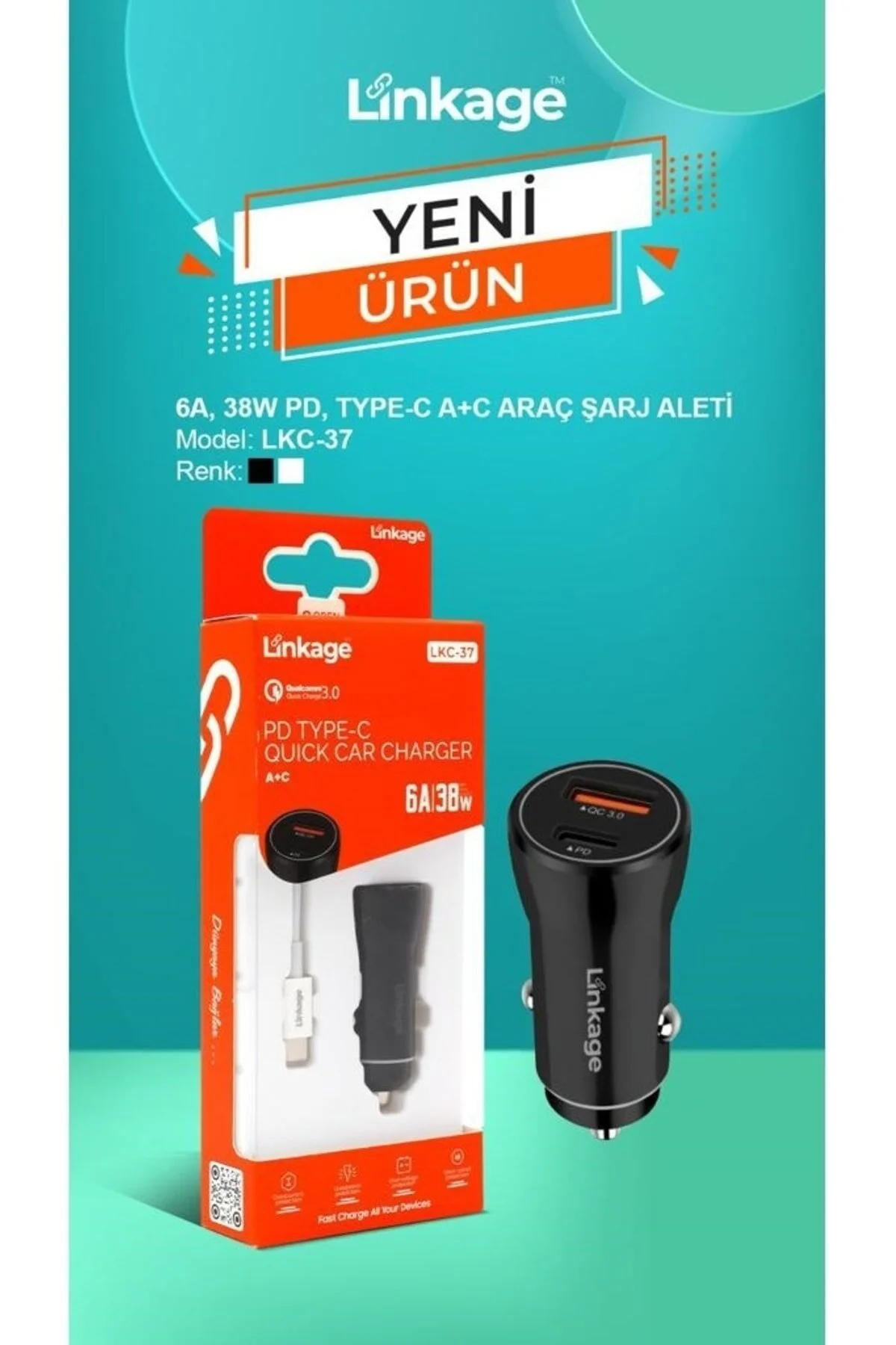Iphone Uyumlu 38w/6a Araç Çakmaklık Hızlı Şarj Aleti Type-c Ve Usb Girişli Lightning To Type-c Kablo 38 W