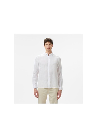 Lacoste Erkek Regular Fit Düğmeli Yaka Keten Beyaz Gömlek