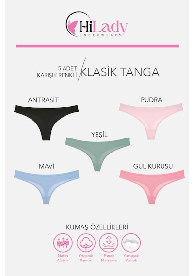 Hilady Kadın Tanga,düşük Bel Tanga String, 5'li Paket, Pamuklu Yumuşak Kumaş Pamuklu Tanga Koyu-soft