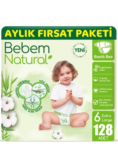 Bebem Natural Bebek Bezi 6 Beden E.large Aylık Paket 128 Adet