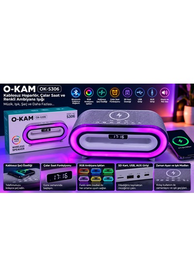 O-kam Ok-s306 Rgb Işıklı Bluetooth Hoparlör Kablosuz Şarj Özellikli Dijital Çalar Saat 7 Renk Ambiyans Işığı Usb Aux Sd Kart Destekli Masa Lambası O-kam Ok-s306 Rgb Işıklı Bluetooth Hoparlör Kablosuz Şarj Özellikli Dijital Çalar Saat 7 Renk Ambiyans Işığı Usb Aux Sd Kart Destekli Masa Lambası