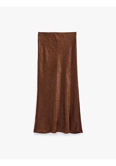 Koton Balık Kesim Slim Fit Midi Boy Dokulu Saten Etek Kahverengi 6sak70039pw Kahve