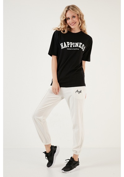 Lela Baskılı Pamuklu Oversize Bisiklet Yaka Bayan T Shirt 541Happiness Siyah