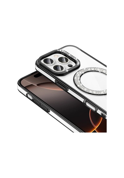 Apple Uyumlu iPhone 16 Pro Kılıf Pırlanta Taş Tasarımlı M-safe Şarj Özellikli Karetta Silikon Kılıf Siyah