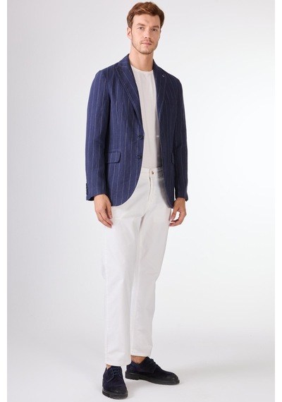 Dufy Lacivert Erkek Regular Fit Çizgili Sivri Yaka Keten Ceket - 104439 Lacivert