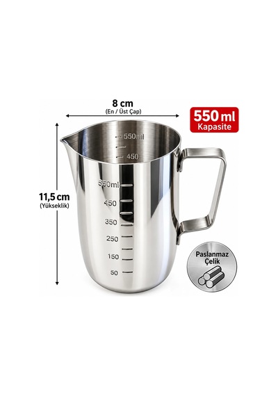 Premium Paslanmaz Çelik Ölçü Ve Karıştırma Kabı 550 Ml Sütlük, Süt Potu, Barista Ölçü Kabı Çok Renkli