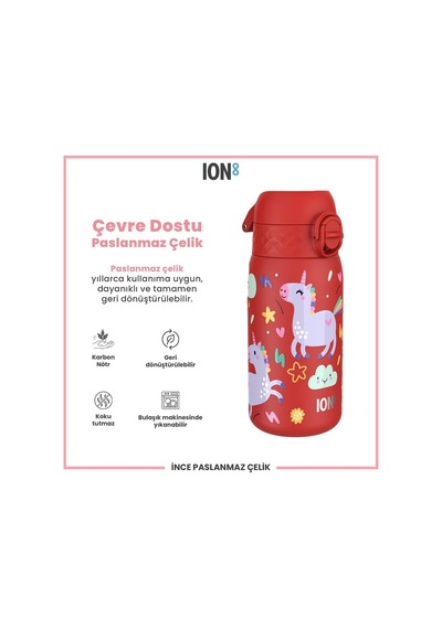 Ion8 - Paslanmaz Çelik Çocuk Suluk - Kırmızı Unicorn - 400 Ml - Sızdırmaz Çok Renkli