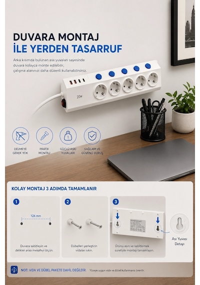 5 Li Akım Korumalı Çoklu Priz 2 Metre Kablolu 3680w 16a 5 Anahtarlı 2usb-a 2 Usb-c Pd 20w Hızlı Ftr-28 Diğer