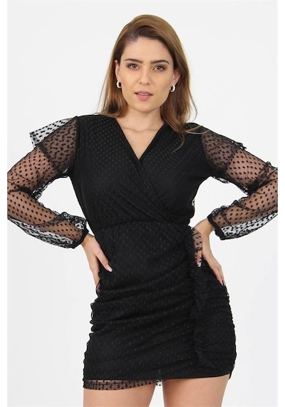 Neşeli Butik Kadın Tül Kruvaze Yaka Yanları Büzgülü Yeni Sezon Mini Elbise Nb10002 Siyah