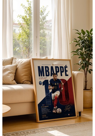 Mbappe Çerçeveli Tablo Lüks Futbolcu Duvar Posteri Premium Odası Dekoru Sporcu Hediyesi Kayın