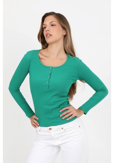 Hdm Kadın Yeşil Uzun Kollu Fitilli Patlı Düğmeli Basic Örme Bluz - H6162 YEŞİL