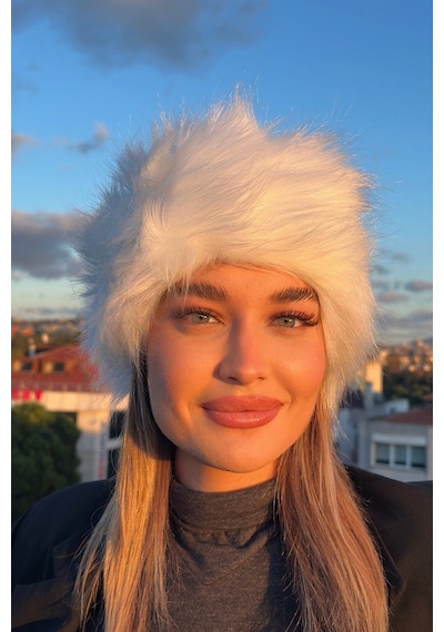 Mollycrush Kadın Beyaz Peluş Kürk Şapka Rus Tarzı Premium Kışlık Model Beyaz