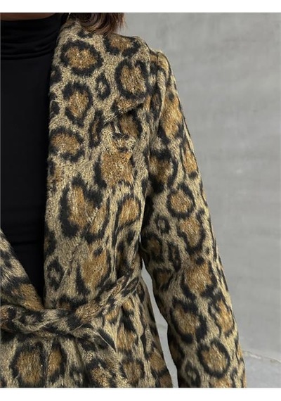 Dip Moda Kadın Leopar Desenli İthal Kaşe Kaban Dpnbg054 Çok Renkli