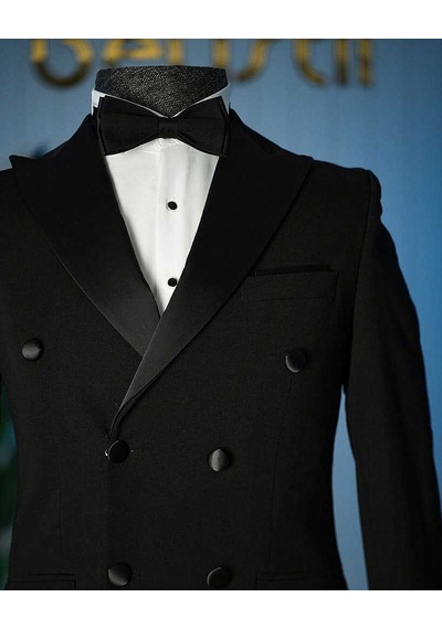 Bys Beystil Erkek Siyah Saten Yakalı Kruvaze Damatlık Ve Smokin Takım - Slim Fit