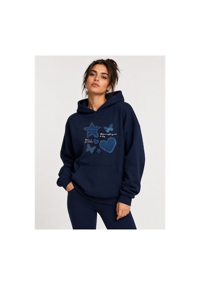 Herkesemoda Kot Efektli Baskılı Kapüşonlu 2 İplik Şardonlu Sweatshirt Lacivert