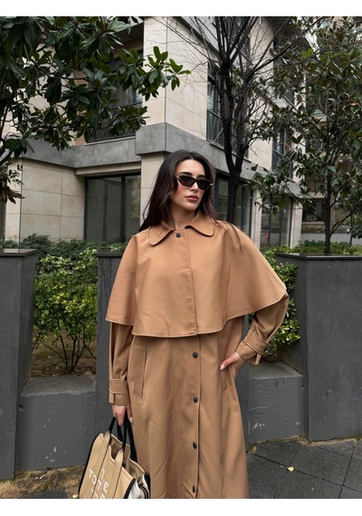 Laluvia Camel Çıkarılabilir Kapüşon Detaylı Pelerinli Trençkot - 85179 Camel