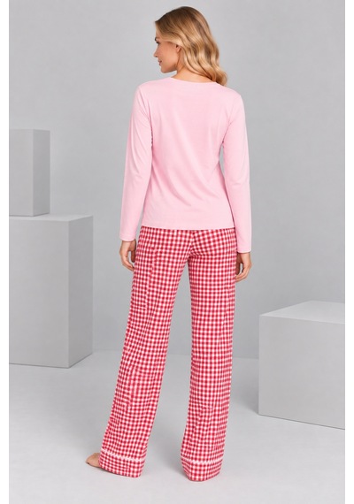 Pijamask Kadın Pembe Kiraz Baskılı Kırmızı Ekose Bol Paça Pamuklu Pijama Takımı Pudra