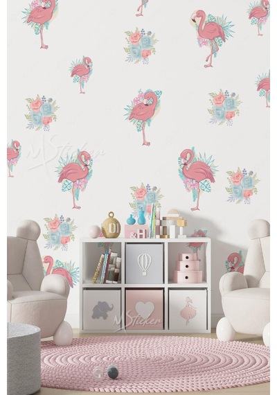 Filamingolar Ve Soft Renkli Çiçekler Çocuk Bebek Odası Duvar Cam Dolap Sticker Seti