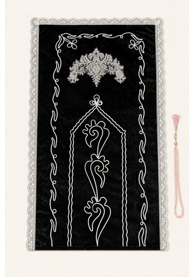 Fransız Güpürlü Nakışlı Hediyelik Çeyizlik Gelin Damat Bohçası Tesbihli Seccade/seccade Seti 70x110 Siyah-pembe