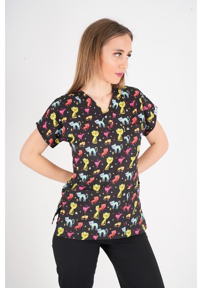 Unisex Cool Cats Club Desenli Doktor Hemşire Hastane Aşçı Mutfak Scrubs Tek Üst Üniforma Siyah