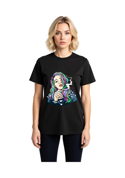 Paybuy Gökkuşak Saçlı Punk Kadın Baskılı Kadın Tişört Siyah