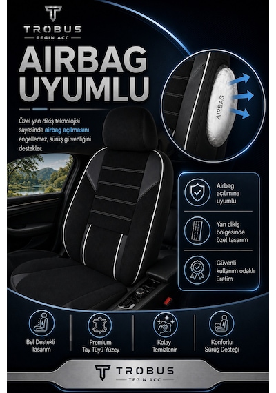 Nova Serisi Tay Tüyü Bel Destekli Siyah Beyaz Premium Üniversal Koltuk Kılıfı Tam Set