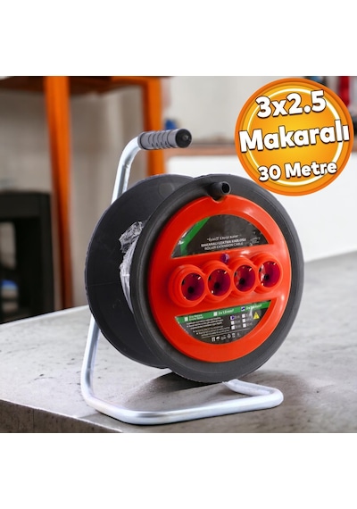 Plastik Makaralı Ev Elektriği Monofaze Seyyar 4 Prizli Uzatma Kablosu 3x2.5 Mm Ttr Kablo 30 Metre