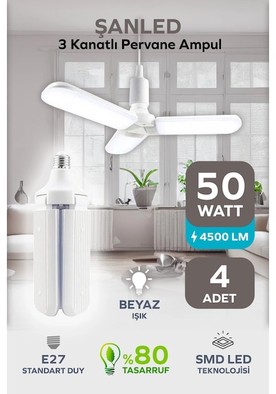 3 Kanatlı Pervane 48w Ampul Beyaz Işık- 4 Adettir 4 Adet