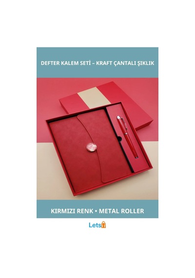Şık Kırmızı Deri Defter Metal Roller Kalem Hediye Seti