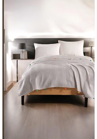 Vizon Renk Ponpon Dream Pike Çift Kişilik 200x220cm Gri