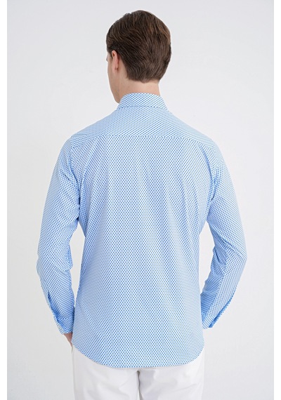 Slim Fit Yaka Düğmeli Baskılı Pamuklu Mavi Gömlek G 1605