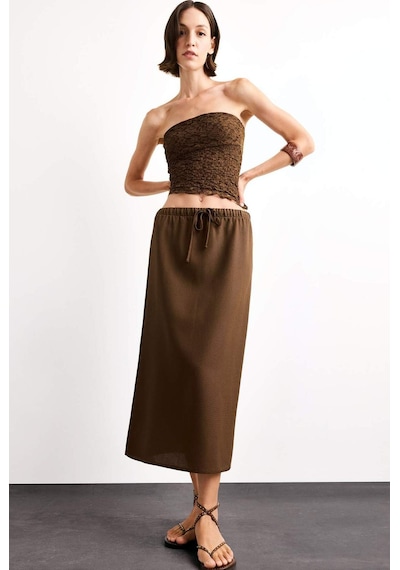 Defacto Relax Fit Beli Lastikli Dokuma Midi Etek G0437ax25smbn214 Kahve