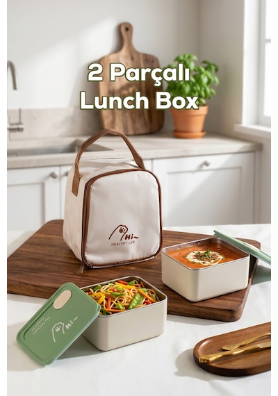 Porsima Bl25229 Isı Yalıtımlı Çanta Paslanmaz Çelik 2 Parça Vakumlu Yemek Termosu Beslenme Kutusu Taşınabilir Lunch Box Sefer Tası Krem