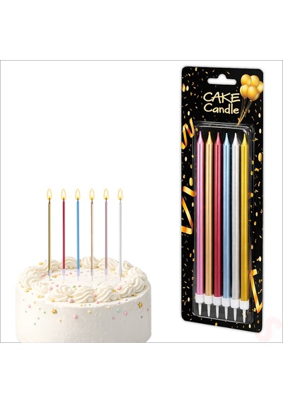 Metalik Çok Renkli İnce Uzun Pasta Mumu 19 Cm - 6 Adet