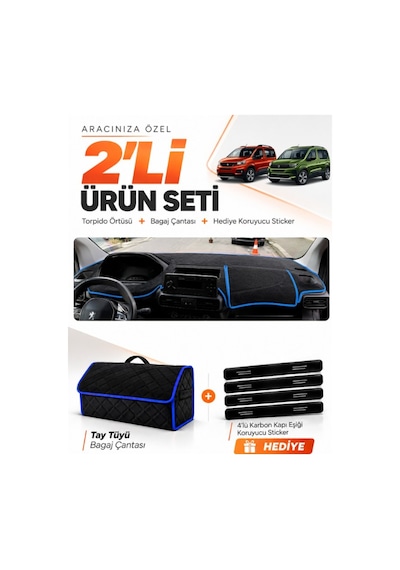 Peugeot Rifter 2018-2026 Uyumlu Torpido Örtüsü + Tay Tüyü Bagaj Çantası + Sticker - Siyah Mavi
