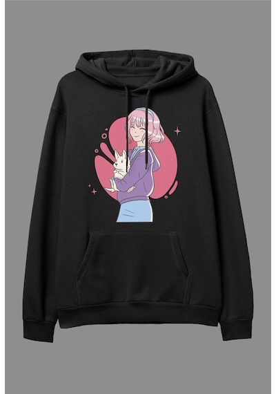 Tarzsokak Oversize Pembe Saçlı Genç Kız Ve Tavşan Tasarım Baskılı Unisex Kapüşonlu Sweatshirt Hoodie Siyah