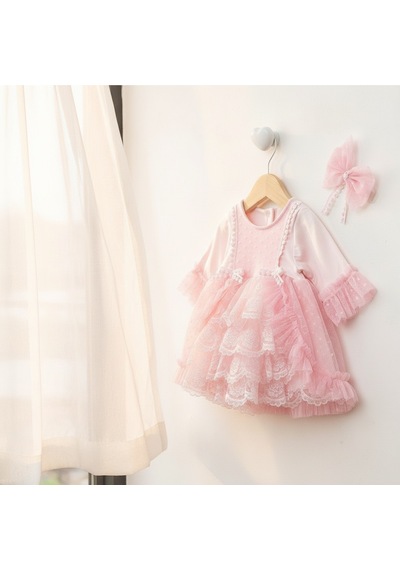 Ürünya Kız Bebek Uzun Kollu Bandanalı Tüllü Tokalı Elbise Pembe