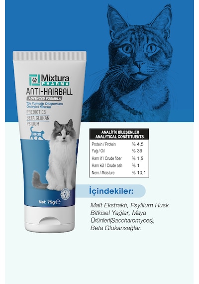 Mixtura Pharma hairball Kedi Tüy Yumağı Malt Macun Tüy Yumağı Oluşumunu 75 G