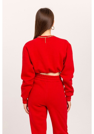Kaktüs Moda Şardonlu 3 İplik Kumaş Uzun Kol Kadın Sweatshirt Kırm