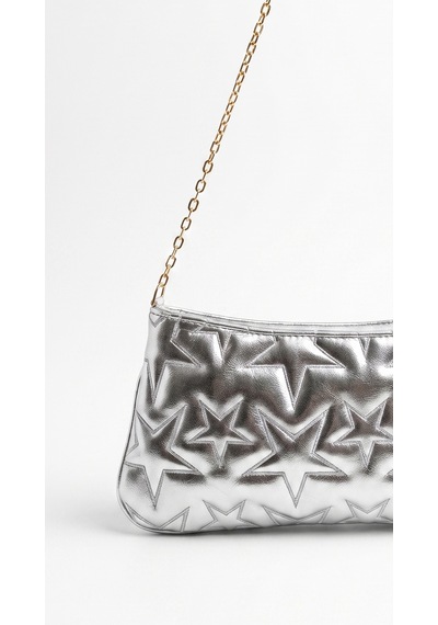 Esvelans Yıldız Desenli Zincir Askılı Portföy El Kol Ve Omuz Çantası Astarlı Clutch Çanta Gümüş
