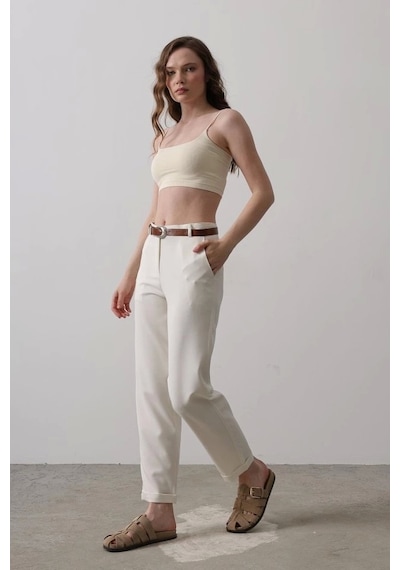 Defymoda Kemerli Havuç Pantolon - Ekru Ekru