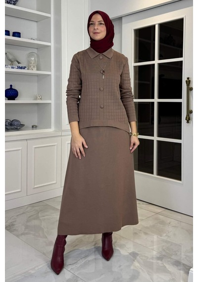 Rabia Şamlı Kumsal Triko Takım Sütlü Kahve Çok Renkli